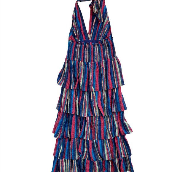 J. Brooks Boutique Woman's XXL Maxi Halter Dress Stripe Ruffles Tie Back New - Picture 2 of 11
